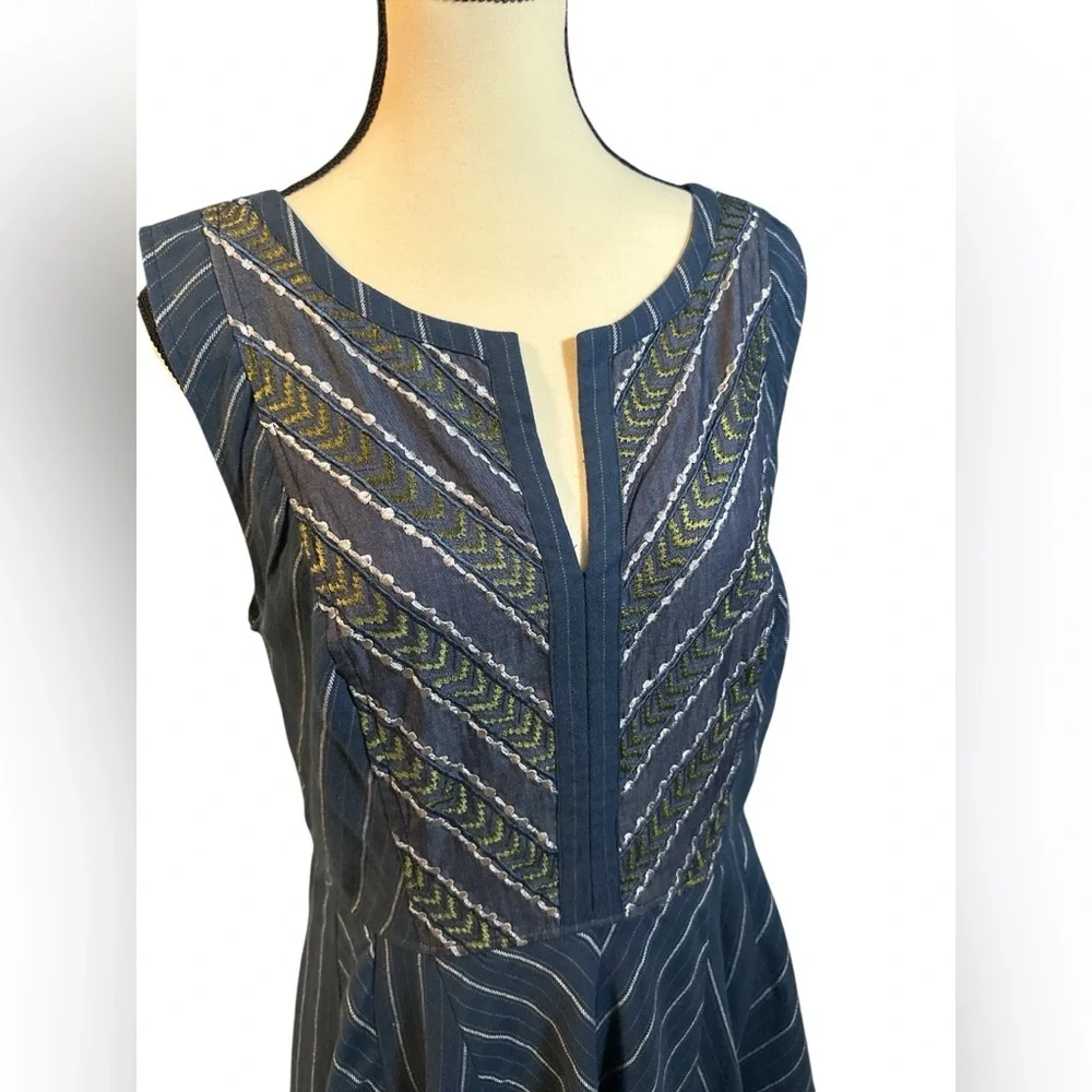 eShakti Navy Blue Striped Midi Dress with Beautiful Embroidery